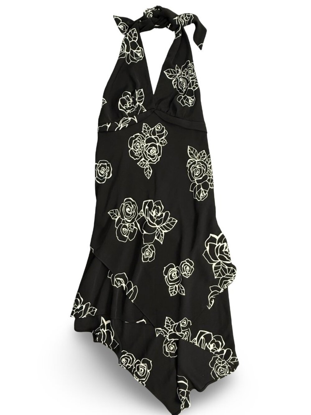 Vtg S.L. Fashions Floral‎ Halter Dress Y2K Women 8P Black Whimsigoth Asymmetric